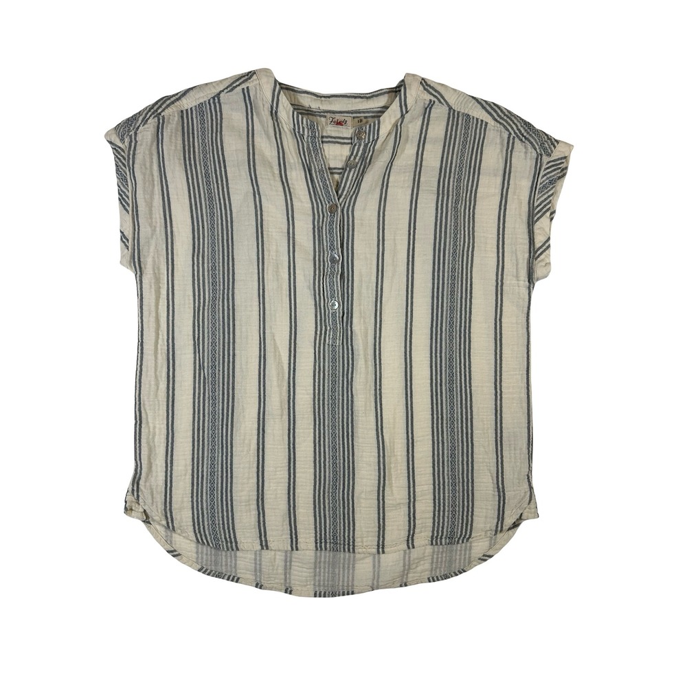 Faherty Gauze Henley Top Blue Cream Striped Short Sleeve Band Collar Small